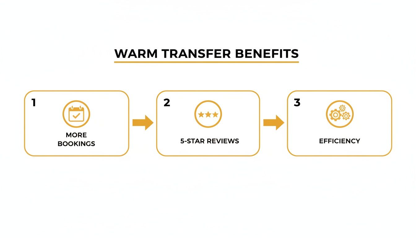 Flowchart detailing warm transfer benefits: more bookings, 5-star reviews, and increased efficiency.