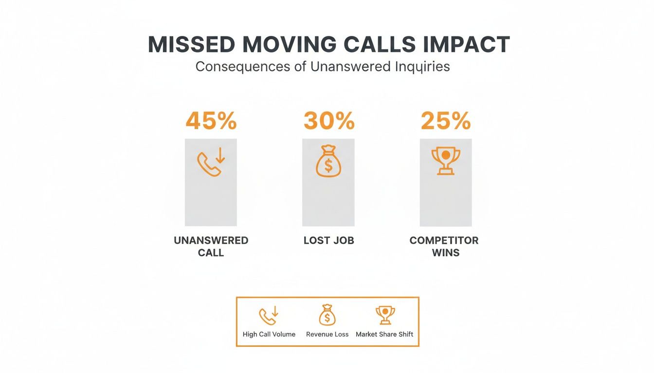 Infographic showing missed moving call impact: 45% unanswered, 30% lost job, 25% competitor wins.
