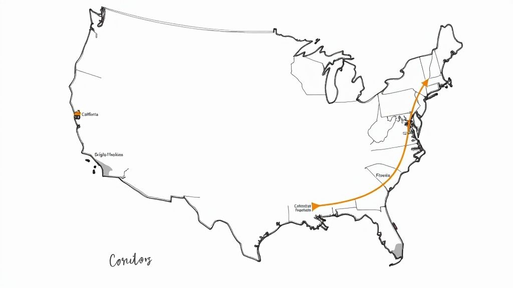 Map of the United States illustrating long-distance routes and various labeled geographic locations.