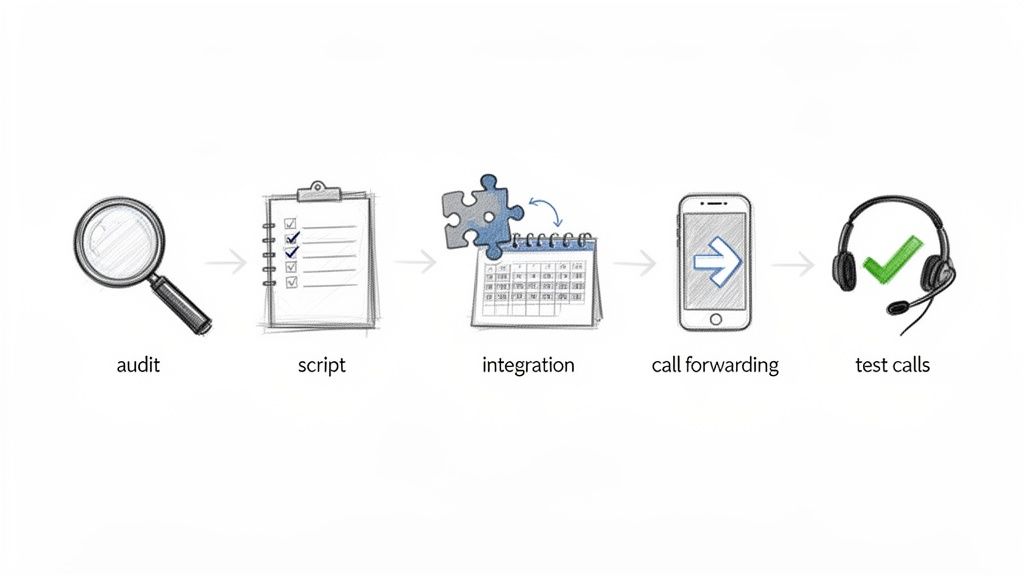 A flow chart illustrating five steps: audit, script, integration, call forwarding, and test calls.