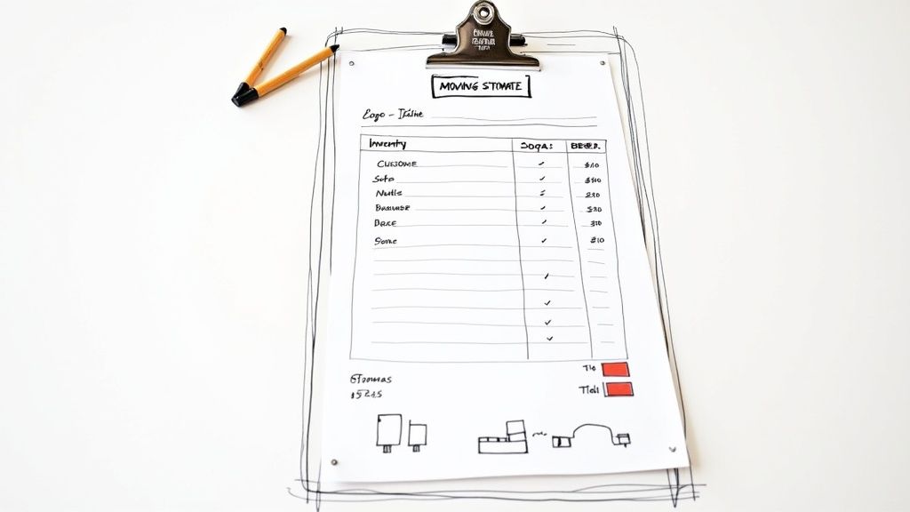 A detailed moving estimate template on a clipboard with an inventory list, prices, and furniture sketches.