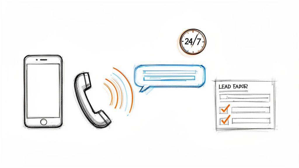 A conceptual sketch showing incoming calls being funneled into an AI system for 24/7 lead capture.