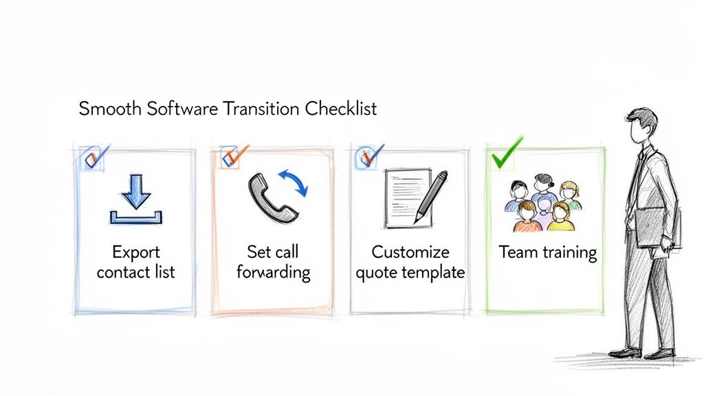 Visual checklist illustrating software transition steps including data export, call forwarding, and team training.