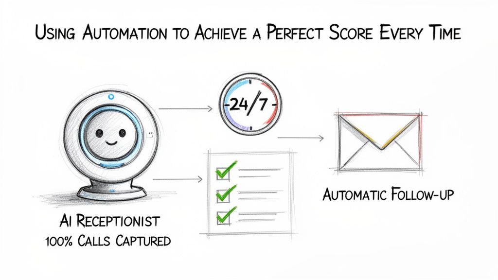 Diagram showing an AI receptionist capturing calls 24/7, leading to automated tasks and email follow-up.