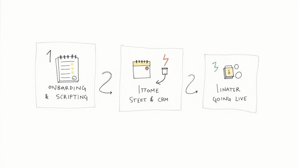 A three-step doodle illustrating a business process: onboarding & scripting, automation setup & CRM, and going live.