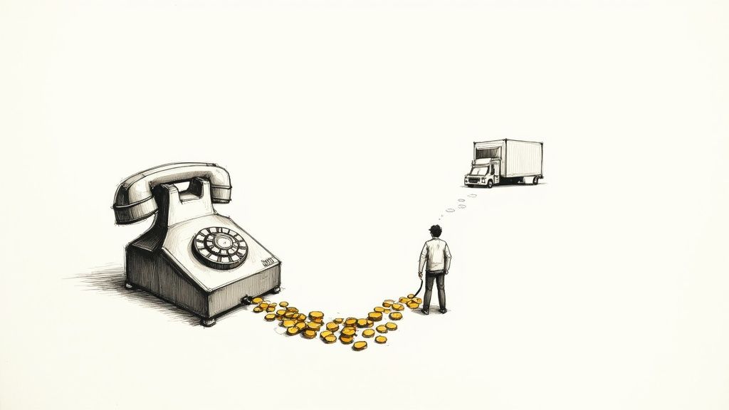Illustration of a man pulling gold coins from a rotary phone towards a delivery truck.