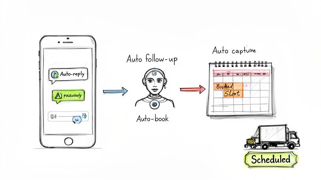 Diagram showing an automated scheduling workflow from phone auto-reply to calendar booking and delivery.
