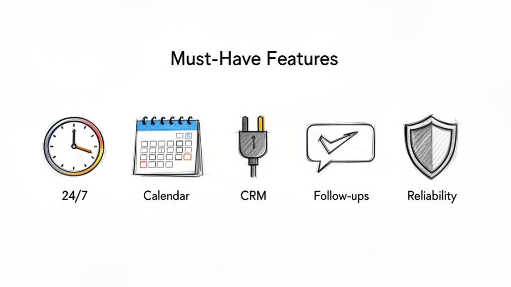 An infographic titled 'Must-Have Features' with icons for 24/7, Calendar, CRM, Follow-ups, and Reliability.