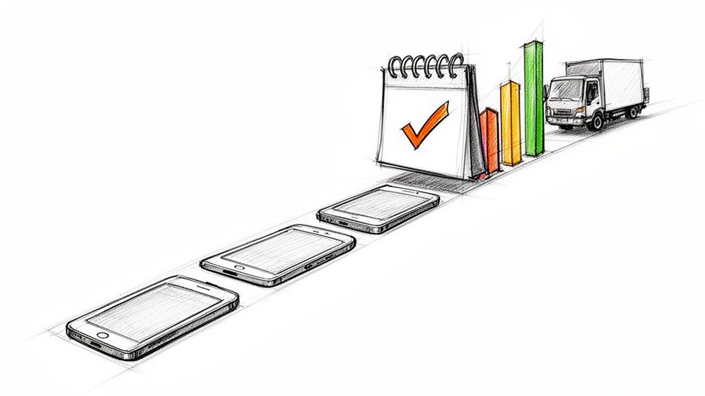 Hand-drawn sketch illustrating a timeline with smartphones, a calendar, bar graphs, and a delivery truck.