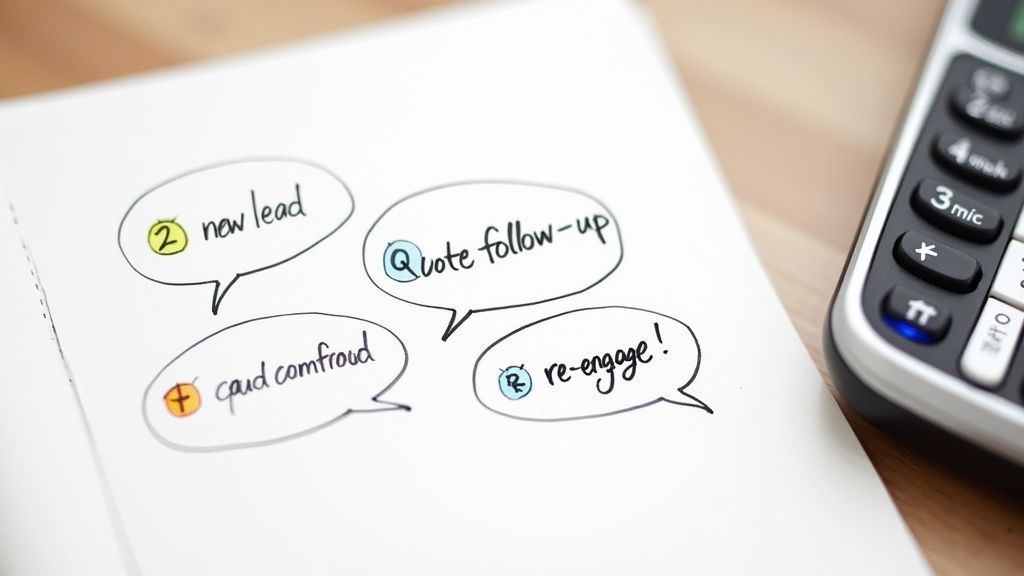 Hand-drawn speech bubbles on a notebook show sales tasks like 'new lead' and 're-engage', next to a phone.