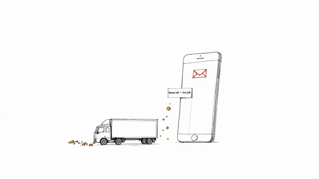 An illustration of a truck losing money being transferred to a smartphone with a 'missed call' notification.