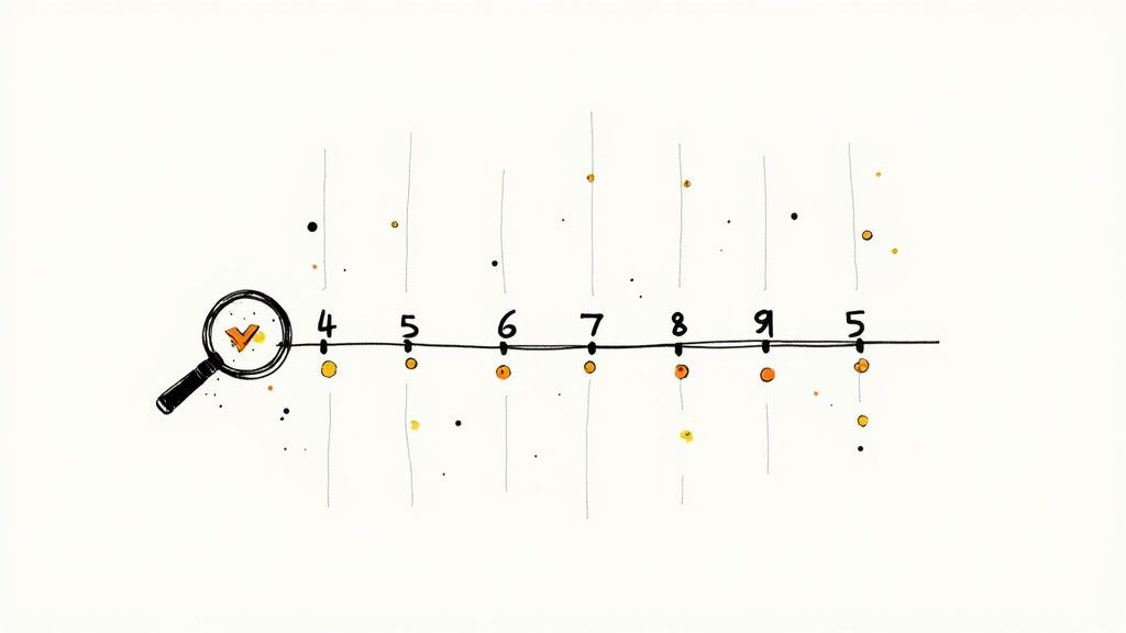 Hand-drawn number line from 4 to 9 with a magnifying glass highlighting a checkmark, showing scattered data points.