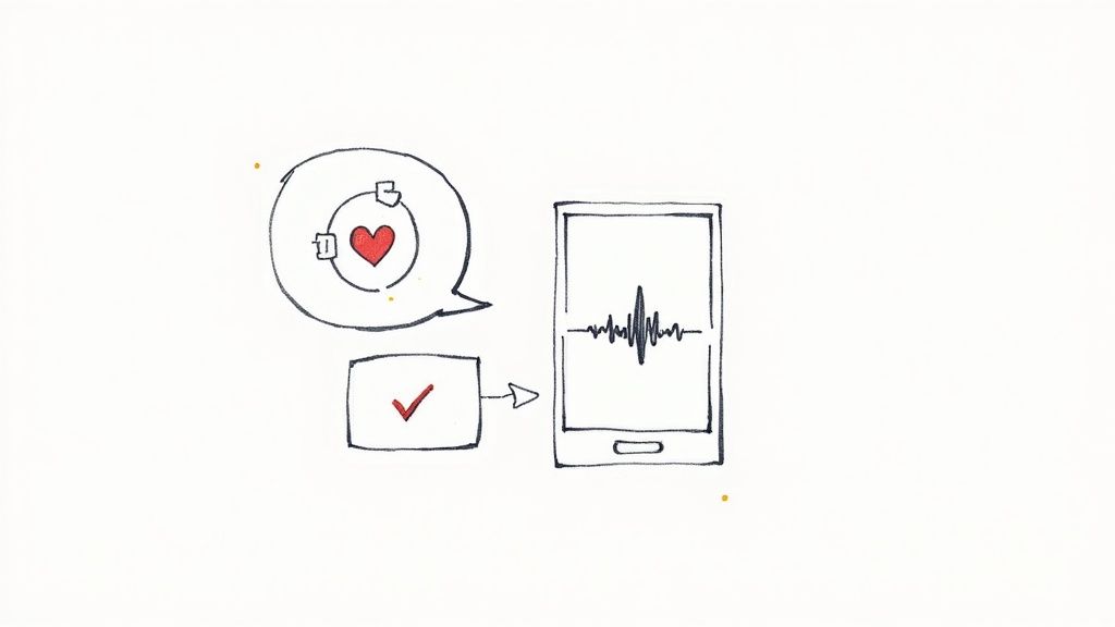 Hand-drawn icons depicting customer feedback (heart, data, checkmark) transforming into smartphone audio processing.