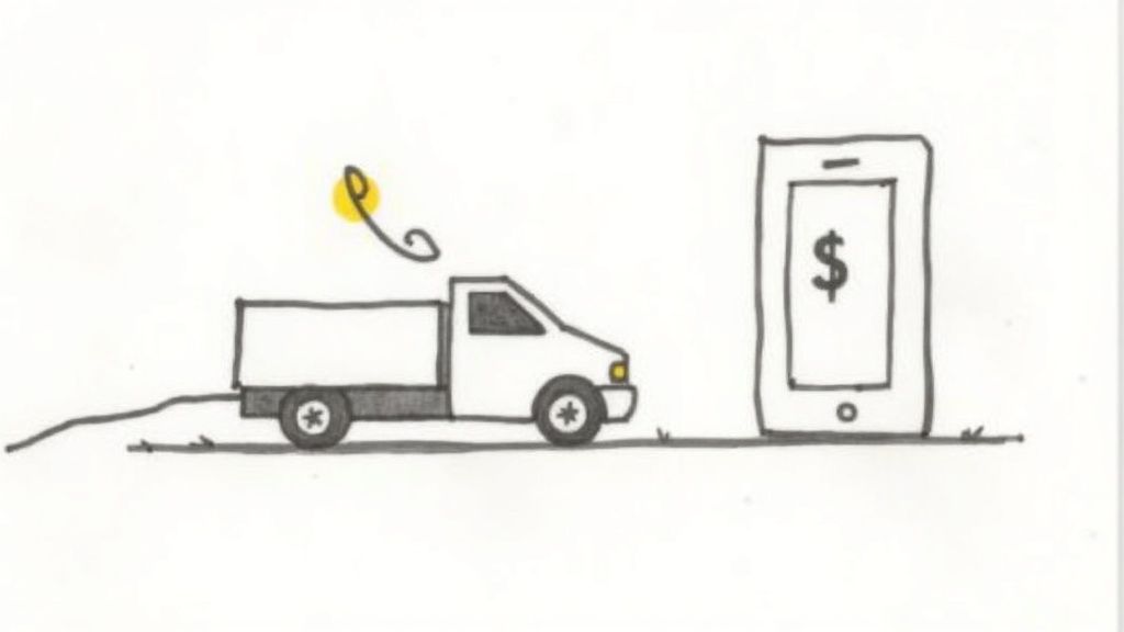 A simple drawing of a pickup truck facing a large smartphone displaying a dollar sign.