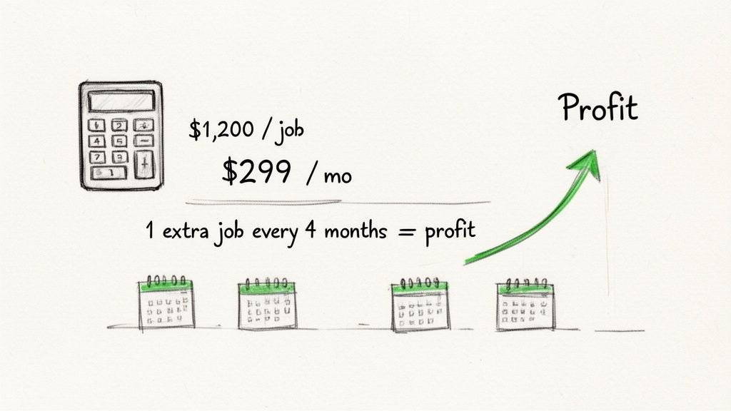 A sketch illustrating business profit calculation with a calculator, job revenue, monthly cost, and calendars showing profit increase.
