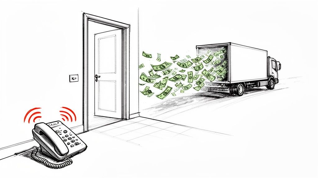 A sketch depicting a ringing landline phone near an open door, with money flying out of a moving truck.