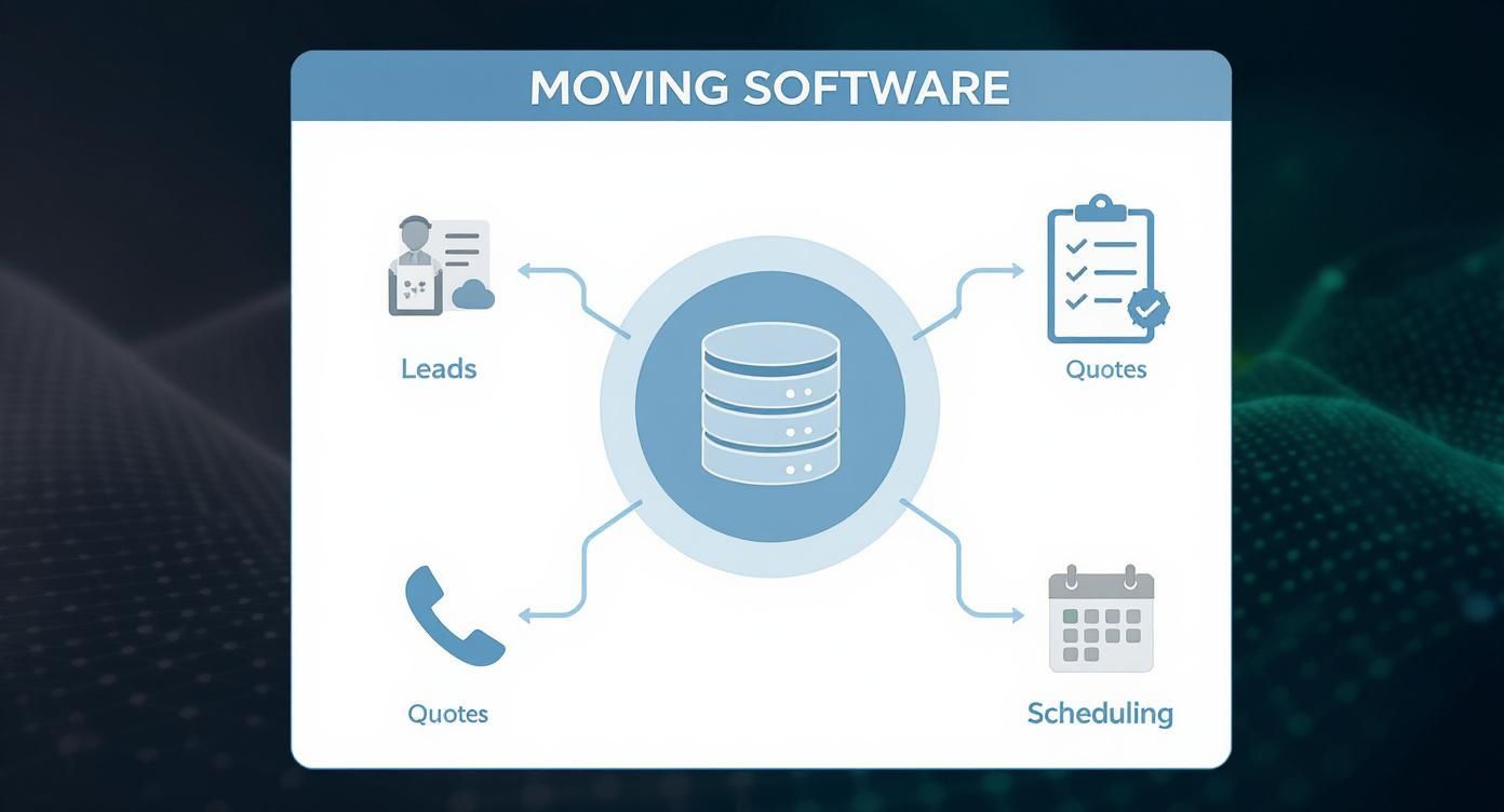 Diagram showing moving software with a central database connected to leads, quotes, and scheduling features.
