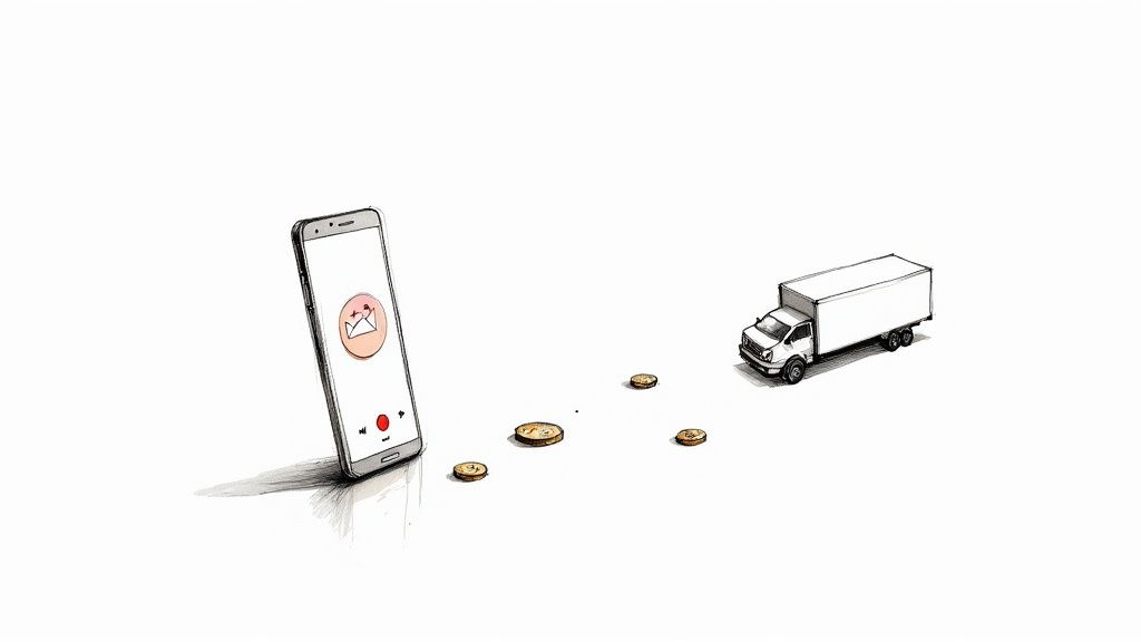 A smartphone, scattered coins, and a delivery truck depict a digital transaction leading to delivery.