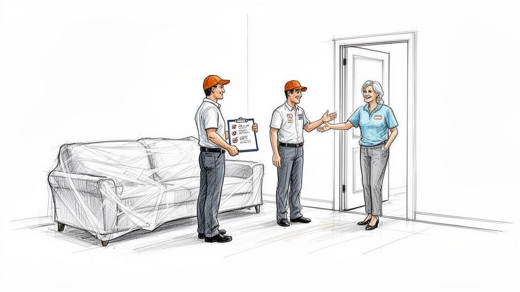 Two service men in uniform with orange hats greet a smiling woman at her doorway, next to a wrapped sofa.