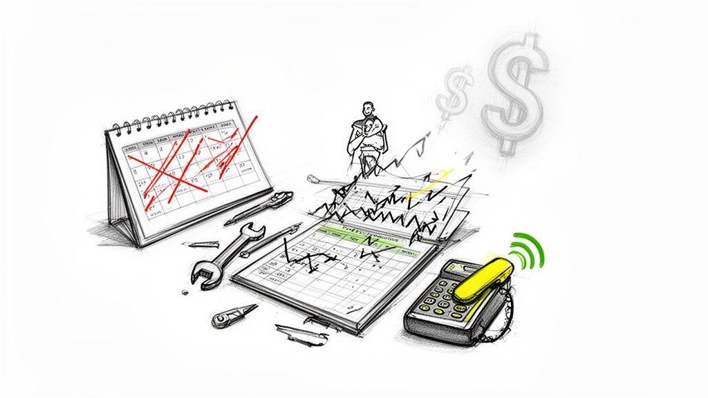 Sketch illustrating work management with a calendar, tools, documents, calculator, and growing dollar signs.