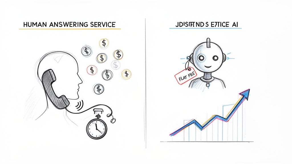 Illustration comparing human answering services with variable costs to AI services offering a flat fee and growth.