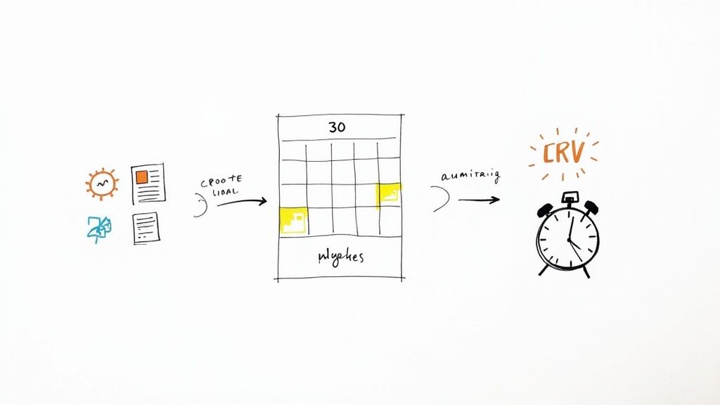 A visual diagram showing goal setting, planning tasks on a calendar, and achieving business outcomes.