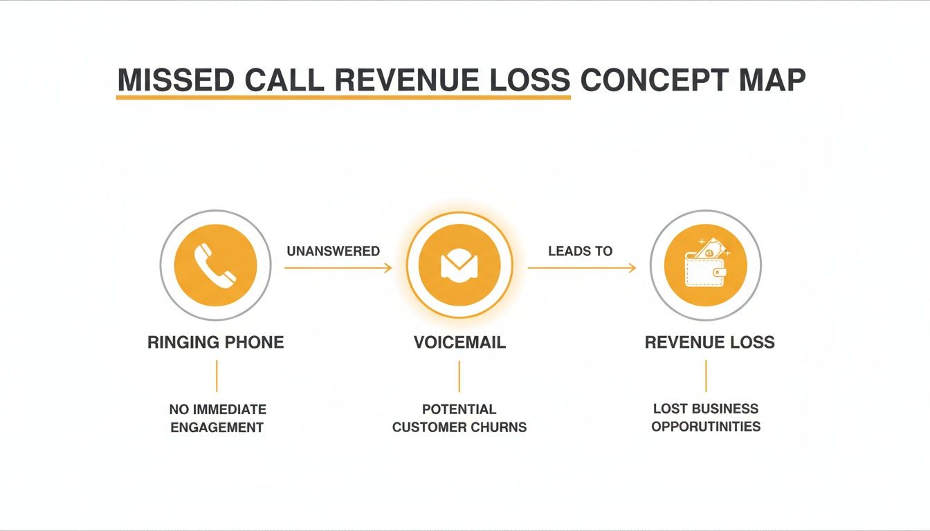A concept map visualizes how unanswered phone calls lead to voicemail, potential churn, and revenue loss.