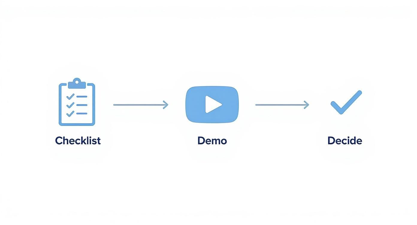 A visual process flow showing three steps: Checklist, Demo (play icon), and Decide (checkmark).