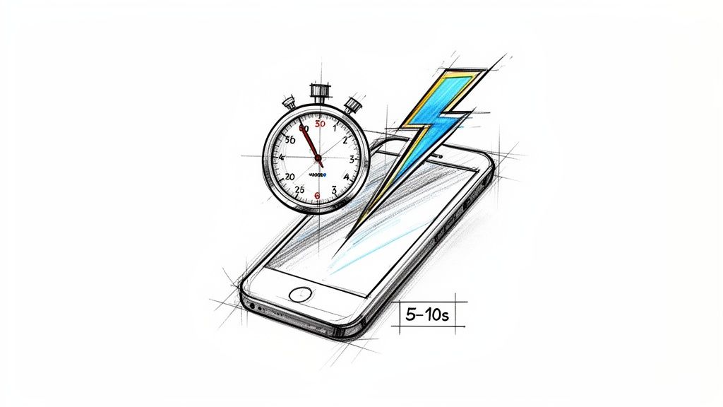 An illustrative sketch of a smartphone with a stopwatch and a lightning bolt, symbolizing fast performance within 5-10 seconds.