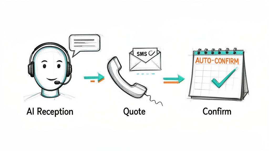 Workflow diagram: AI reception handles inquiries, provides a quote via SMS, and auto-confirms bookings.