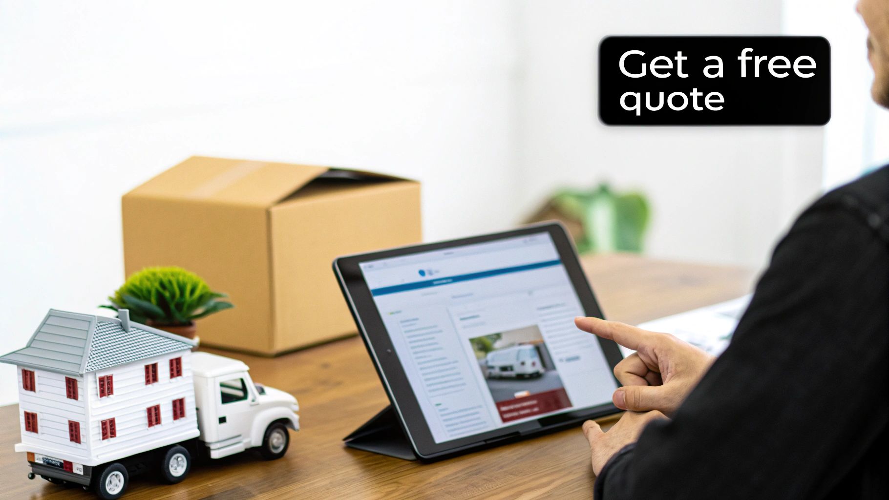 A person points at a tablet displaying a moving service website, with a toy moving truck and box.