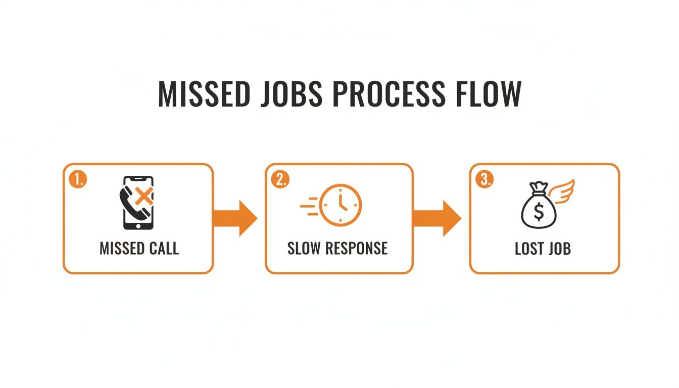 A flowchart illustrating the missed jobs process: a missed call leads to slow response, resulting in a lost job.