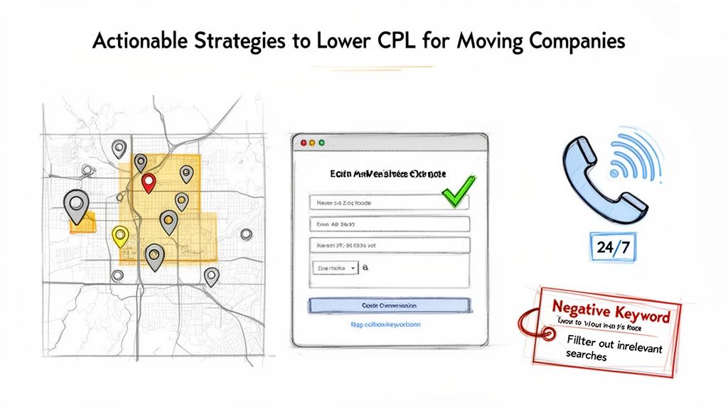 Illustration of actionable strategies to lower CPL for moving companies, featuring geo-targeting, lead forms, 24/7 support, and negative keywords.