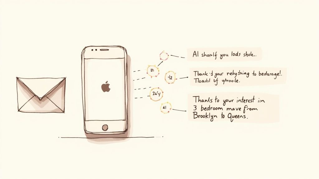 A simple sketch depicting an envelope and an iPhone displaying multiple incoming message notifications with text.