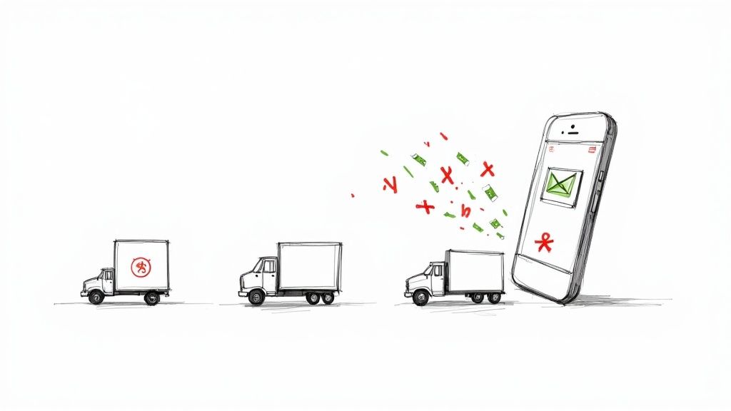 Digital transformation concept: trucks represent physical delivery transitioning to smartphone digital services, saving money.