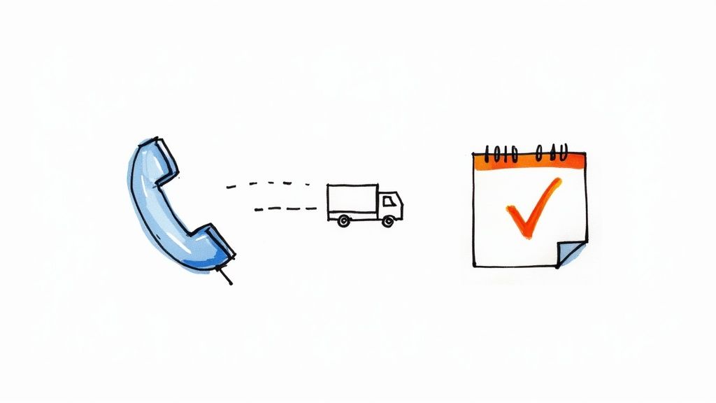 Illustration depicting a phone call connecting to a delivery truck, followed by a confirmed calendar checkmark.