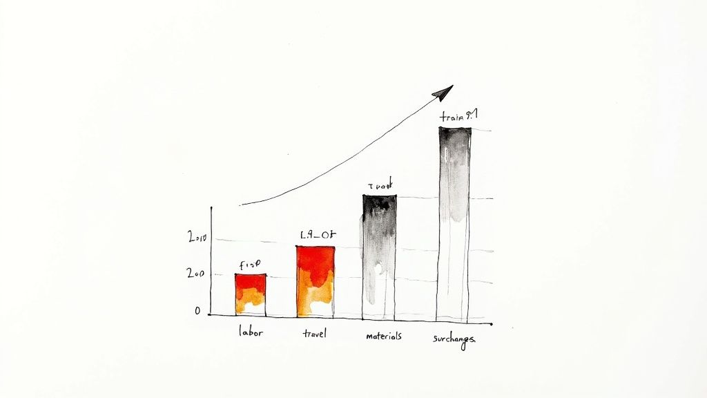 Hand-drawn bar chart illustrating increasing estimates for labor, travel, materials, and surcharges.