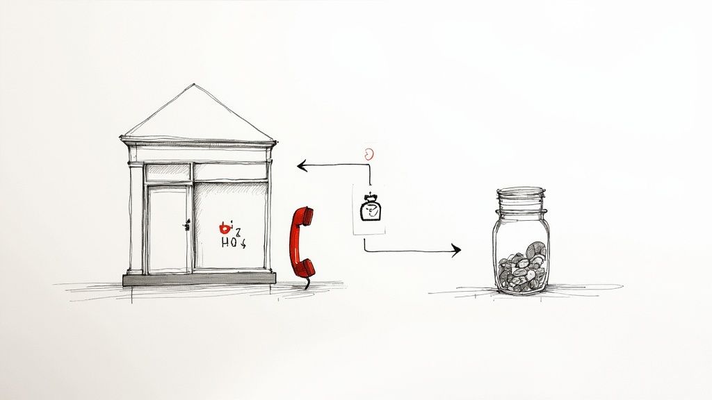 Illustration showing a business HQ, a phone, a clock, and a jar of money, symbolizing time and transactions.
