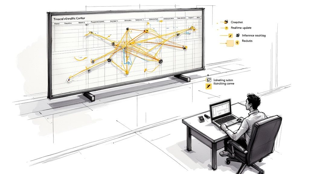 A person works on a laptop, observing a large screen displaying a real-time traffic control network diagram.
