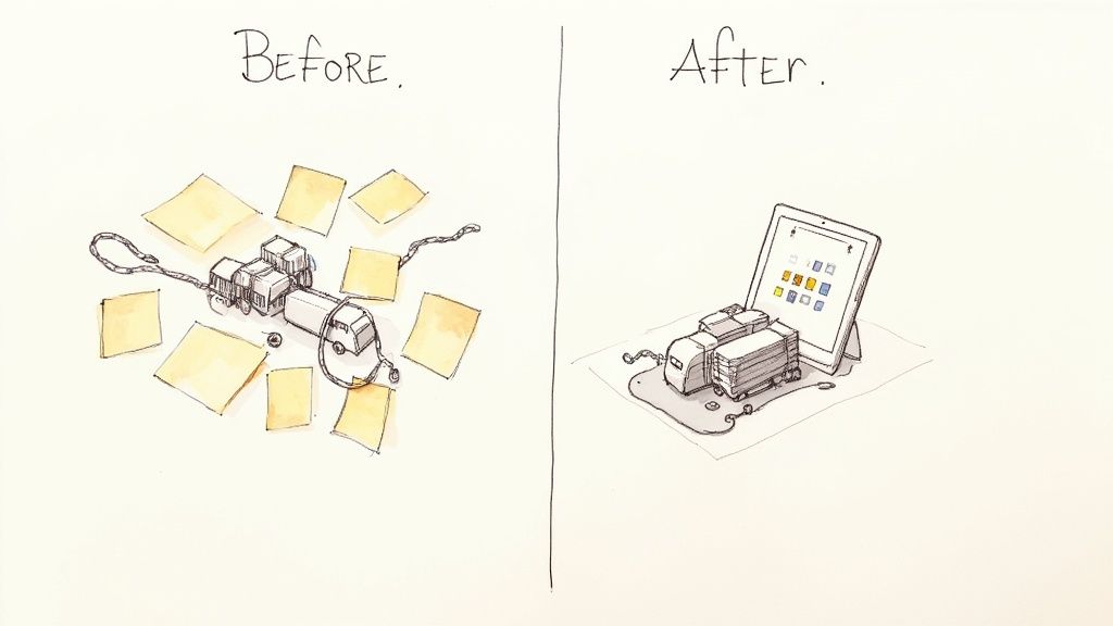 Before-after illustration shows messy manual moving logistics becoming organized digital software planning.