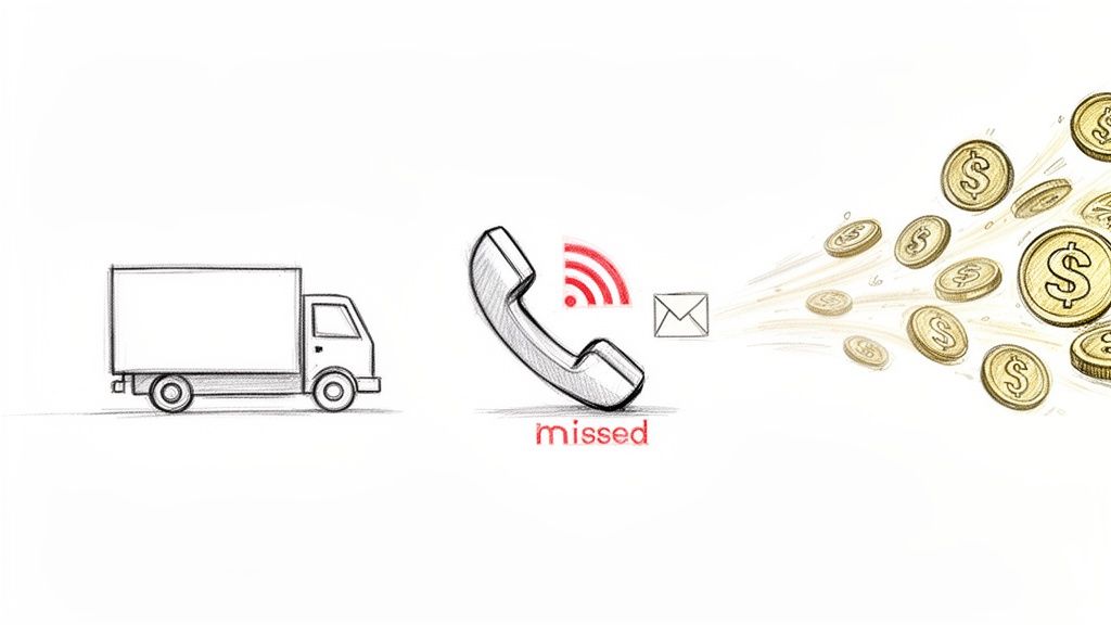 Illustration of a delivery truck, a ringing phone labeled 'missed', and gold coins dispersing, symbolizing lost business.