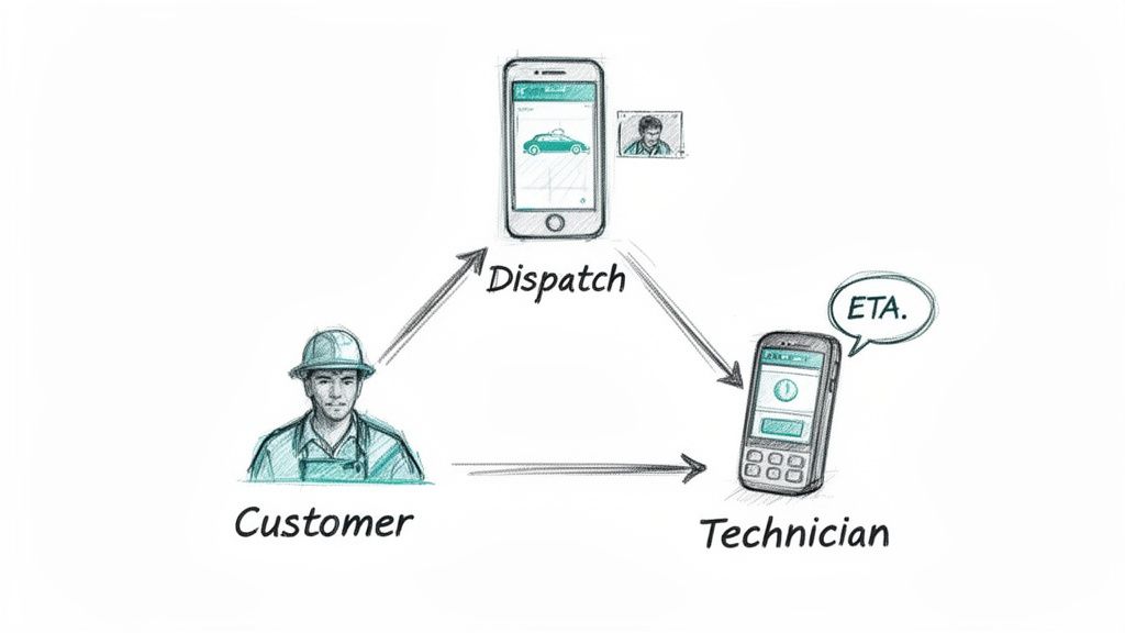 A diagram illustrating a service dispatch process connecting a customer, a central dispatch system, and a technician.