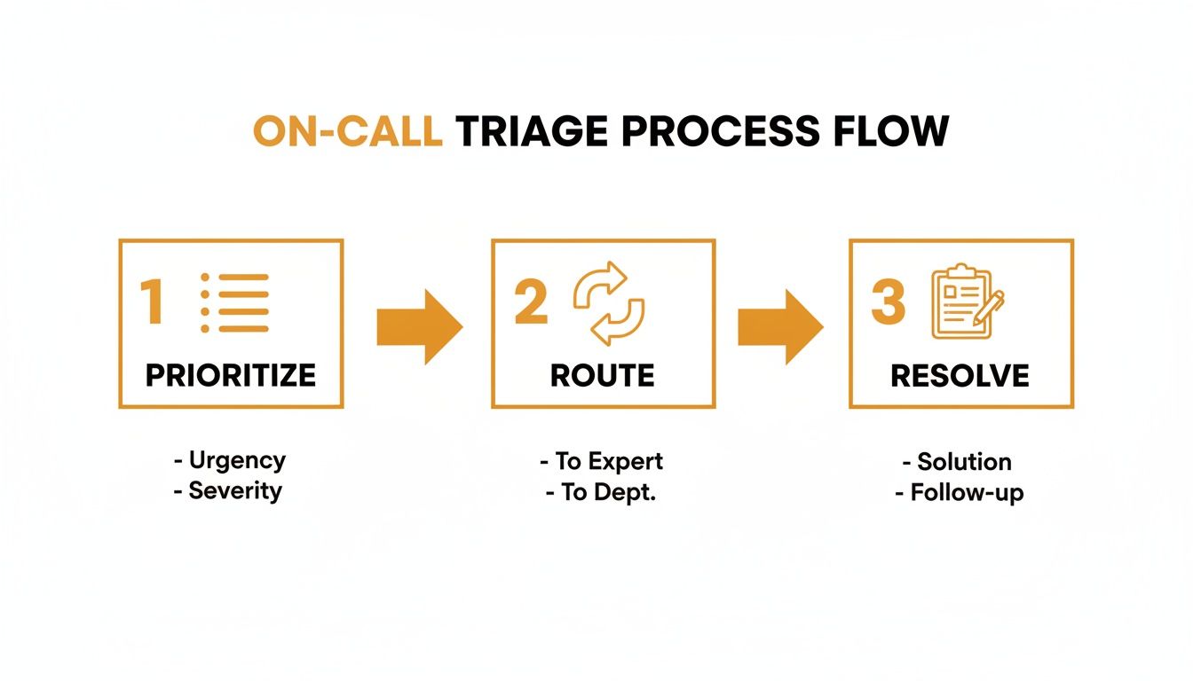 On-call triage process flow diagram with three steps: prioritize, route, and resolve issues.