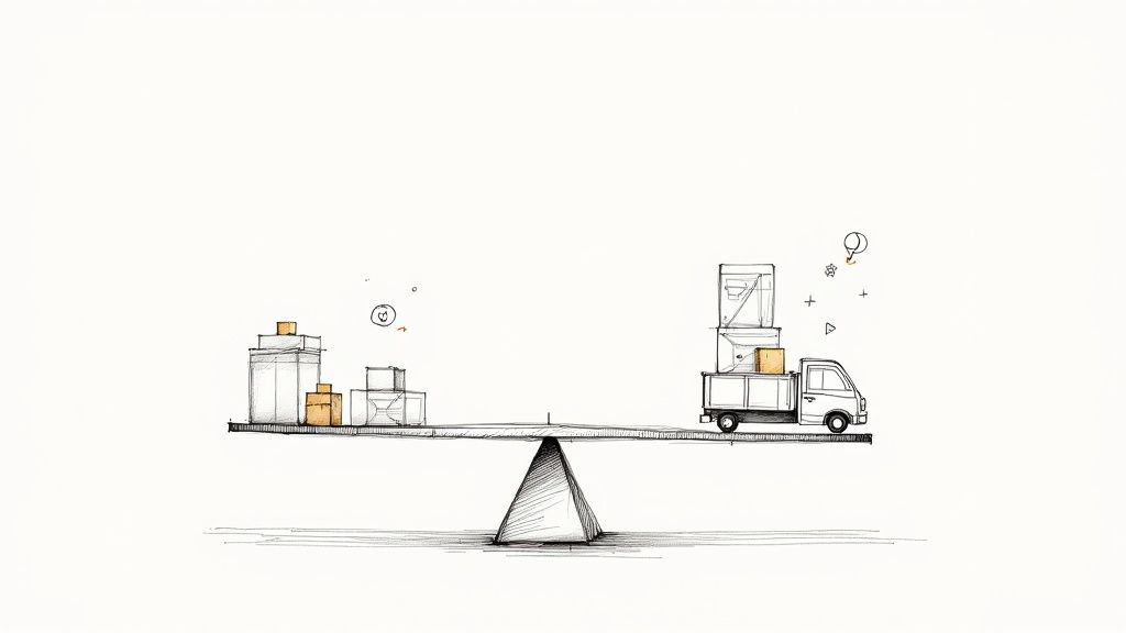 A sketch of a balanced scale comparing stacked boxes with a moving truck loaded with items.