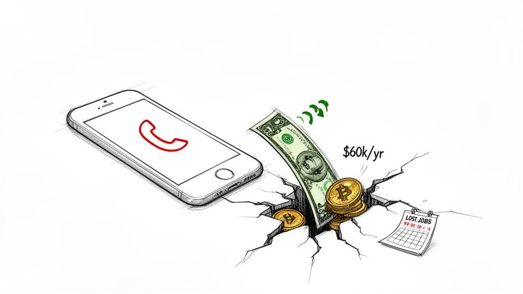 An illustration of a smartphone, money, and a 'LOST JOBS' calendar emerging from cracked ground.