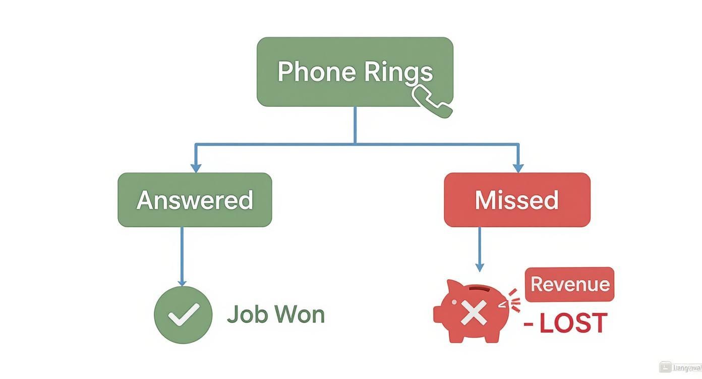 Flowchart illustrating phone calls: if answered, a job is won; if missed, revenue is lost.