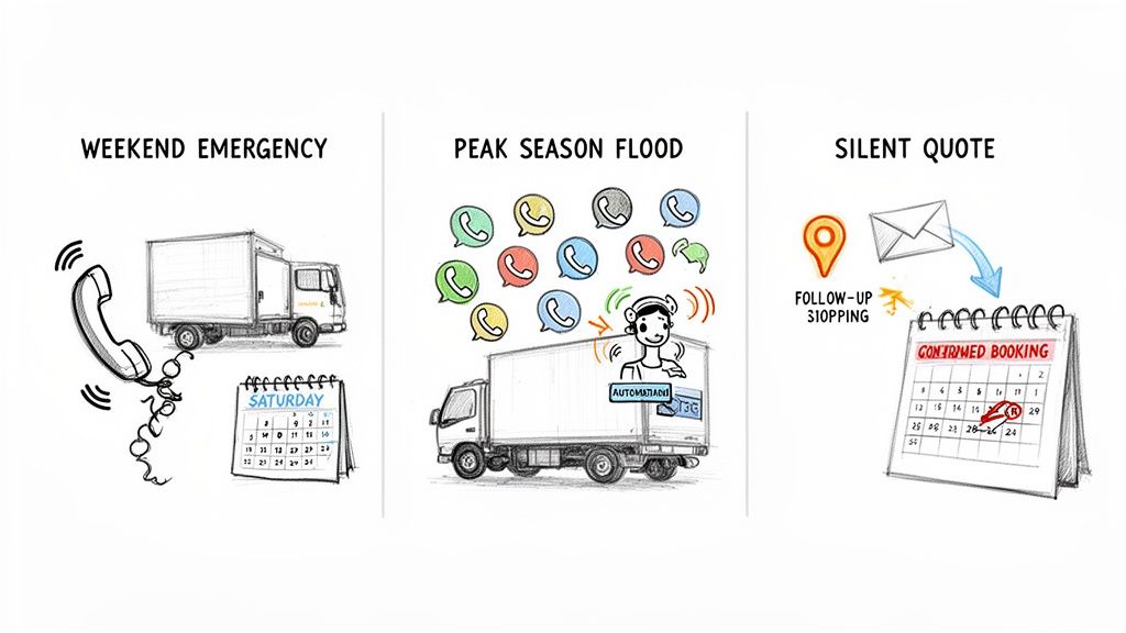 Illustrations depicting customer service and logistical challenges: weekend emergencies, peak season floods, and silent quotes.