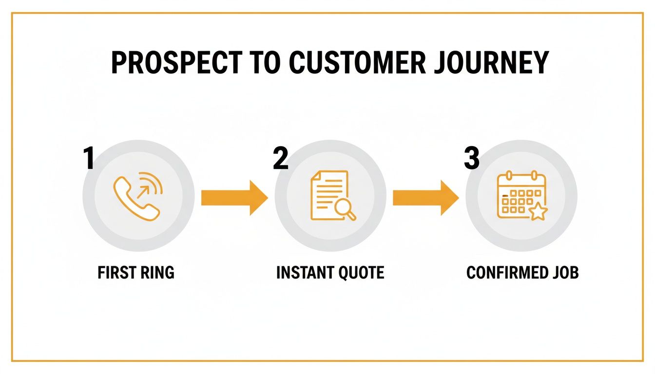 A diagram illustrating the prospect to customer journey, showing steps from first ring to confirmed job.