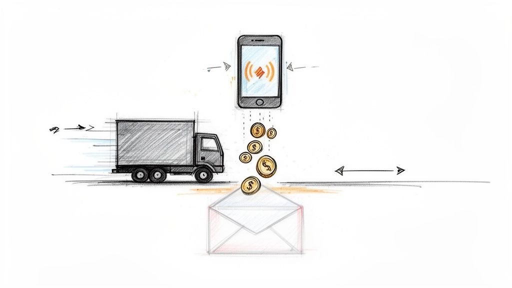 Sketch of a smartphone dropping gold coins into an envelope, with a delivery truck moving and communication arrows.
