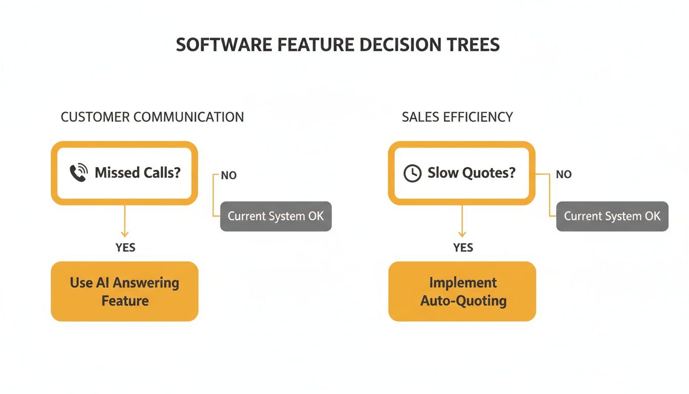 Decision trees illustrating software features for customer communication and sales efficiency improvements.